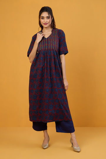 Indigo Roses Stand Collar Pintuck Kurta