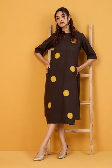 Golden Cocoa Dots Applique Side Bias Shift Dress