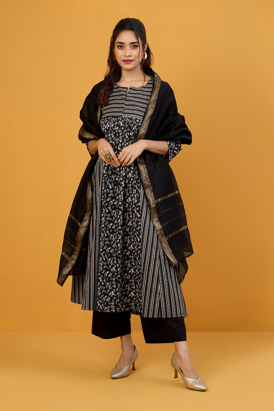 Midnight Petals A-line Side Gather Cotton Kurta