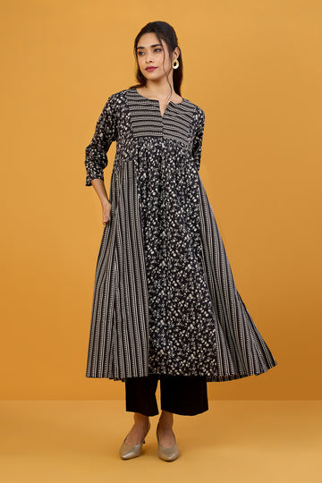 Midnight Petals A-line Side Gather Cotton Kurta