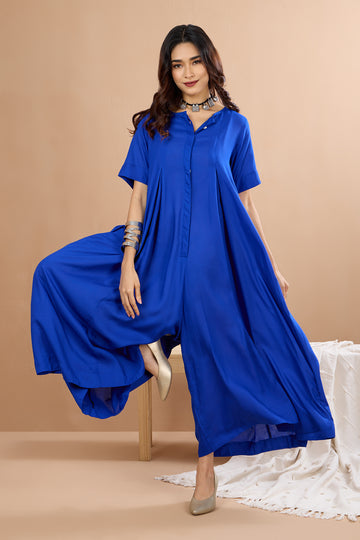 Button Down Jumpsuit With pockets & Front Zipper Whispers of Sapphire Night