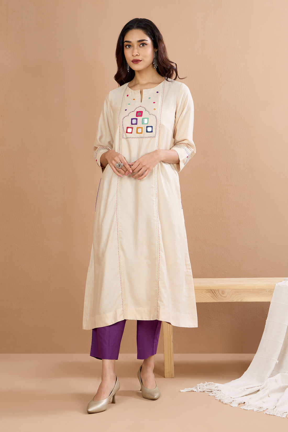 Ivory Silk Regal Reflections A-Line Panelled Kurta