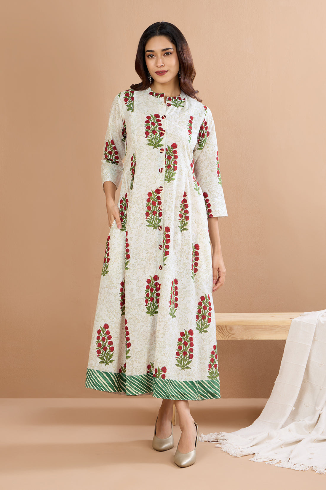 Crimson Gladiolus Long Maxi Button Cotton Down Dress