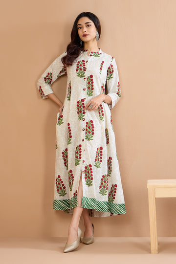 Crimson Gladiolus Long Maxi Button Cotton Down Dress