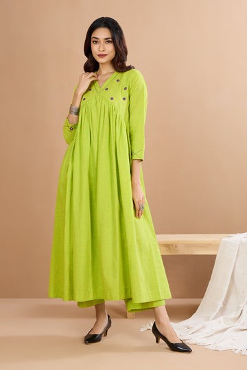 Vivid Lime & Orchids V-Neck Gather Anarkali