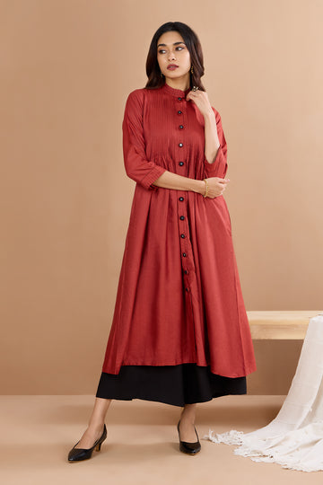 Silken Ember Elegance Pleated Pintuck Button Down Dress