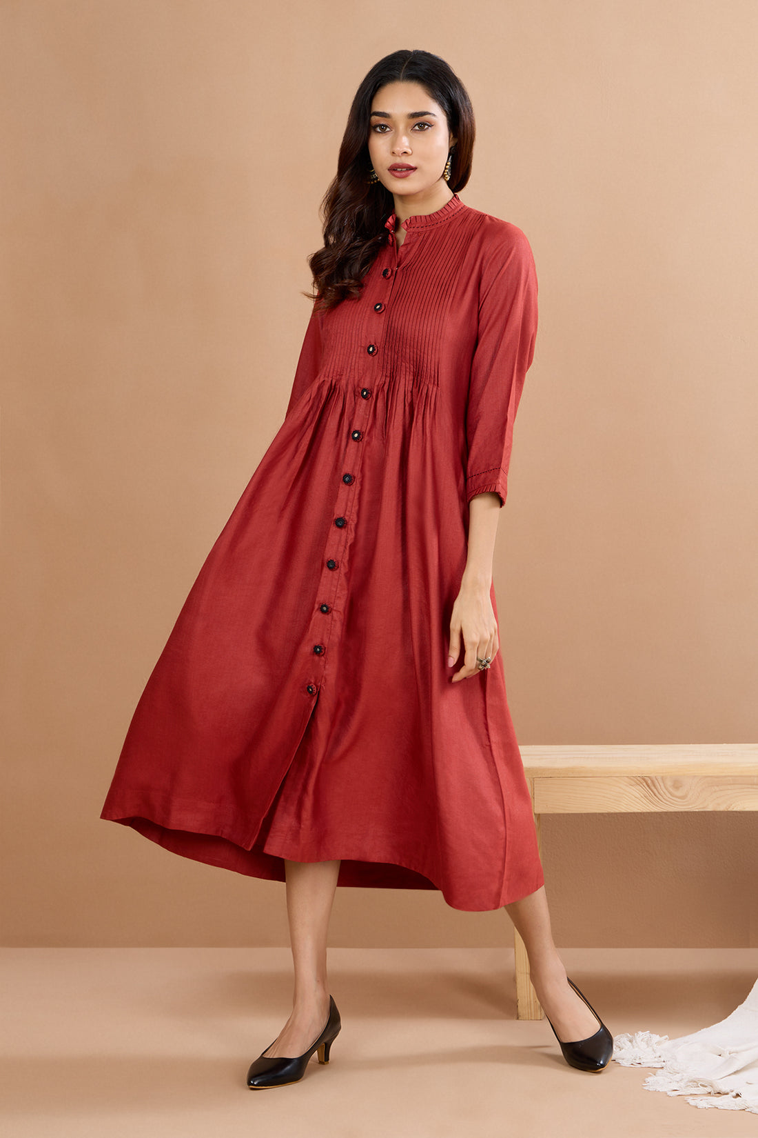 Silken Ember Elegance Pleated Pintuck Button Down Dress