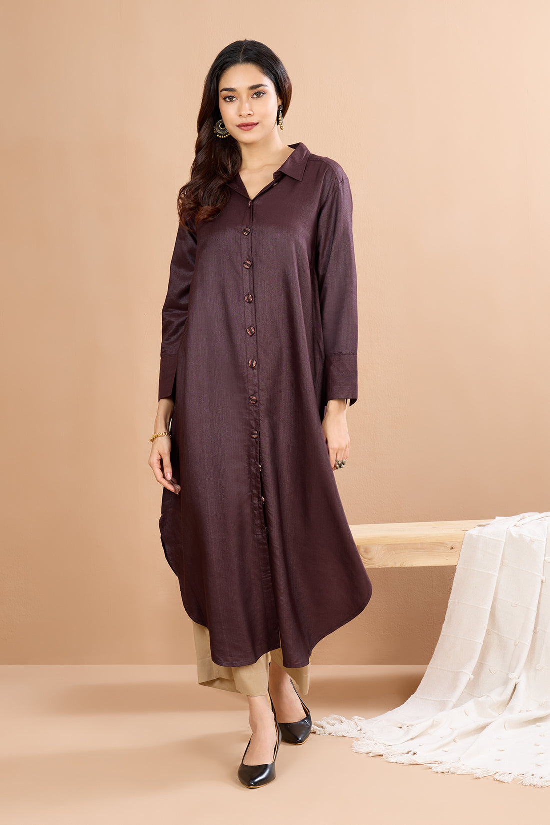 Luxe Rich Burgundy Silk Long Shirt Dress