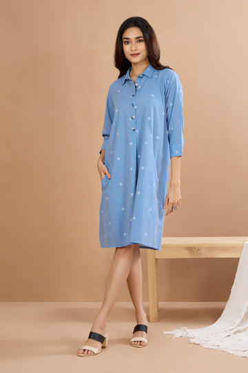 Soft Blue Cotton Tunic Shirt Dress