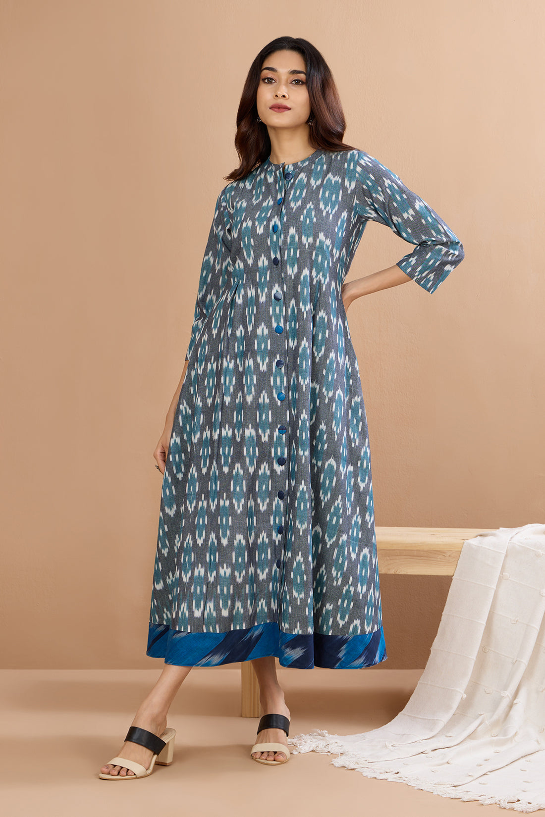 Speckled Sky Long Maxi Cotton Ikat Button Down Dress