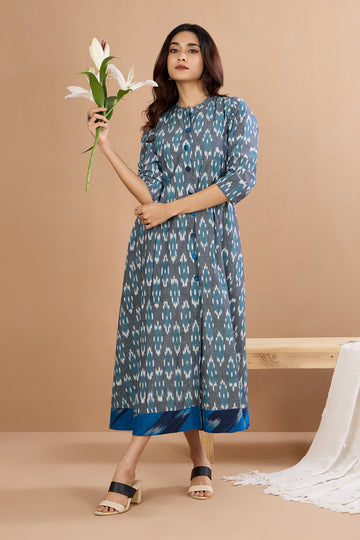 Speckled Sky Long Maxi Cotton Ikat Button Down Dress