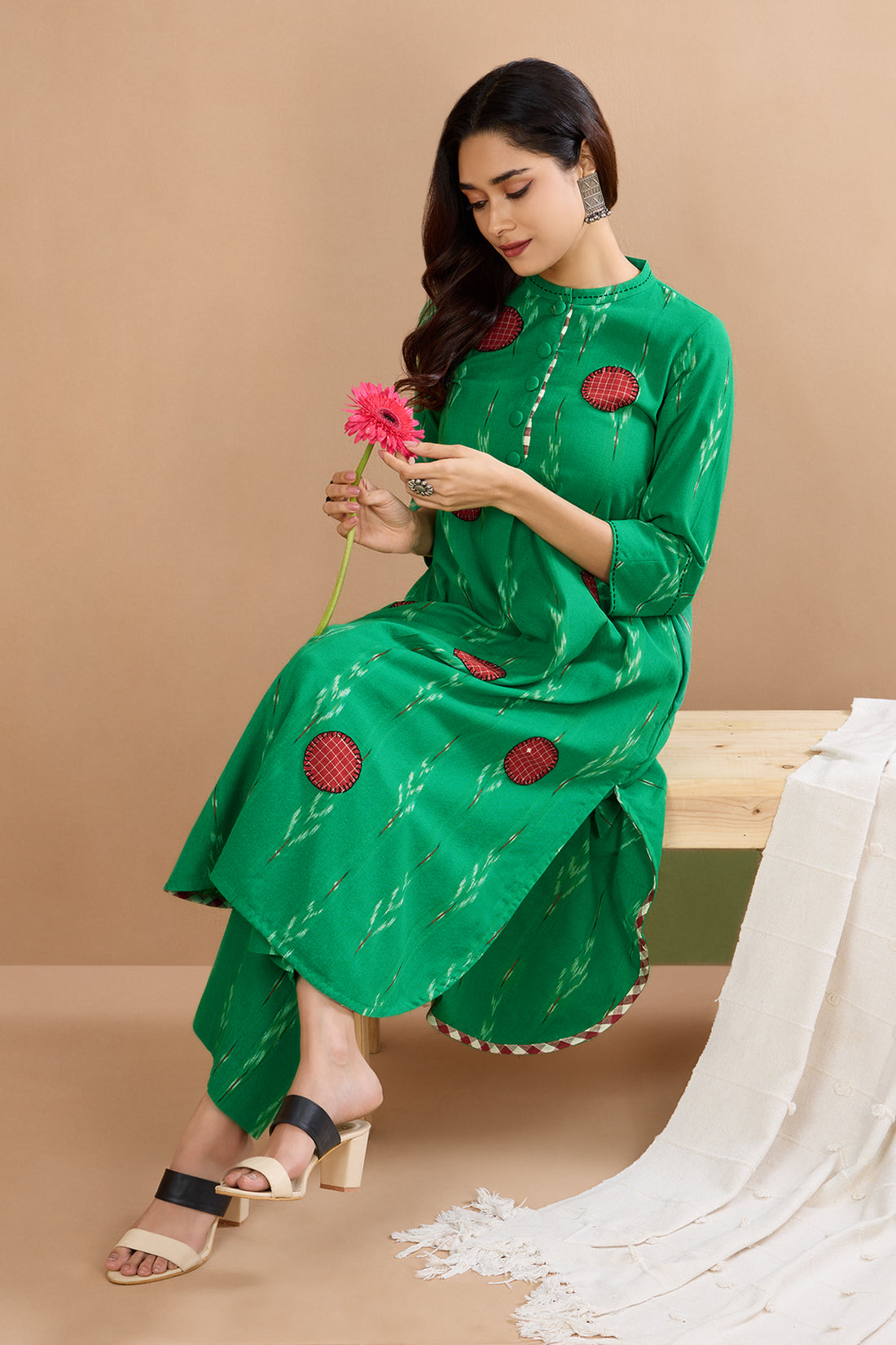 Jade & Berry Dots Applique Cotton Ikat Kurta