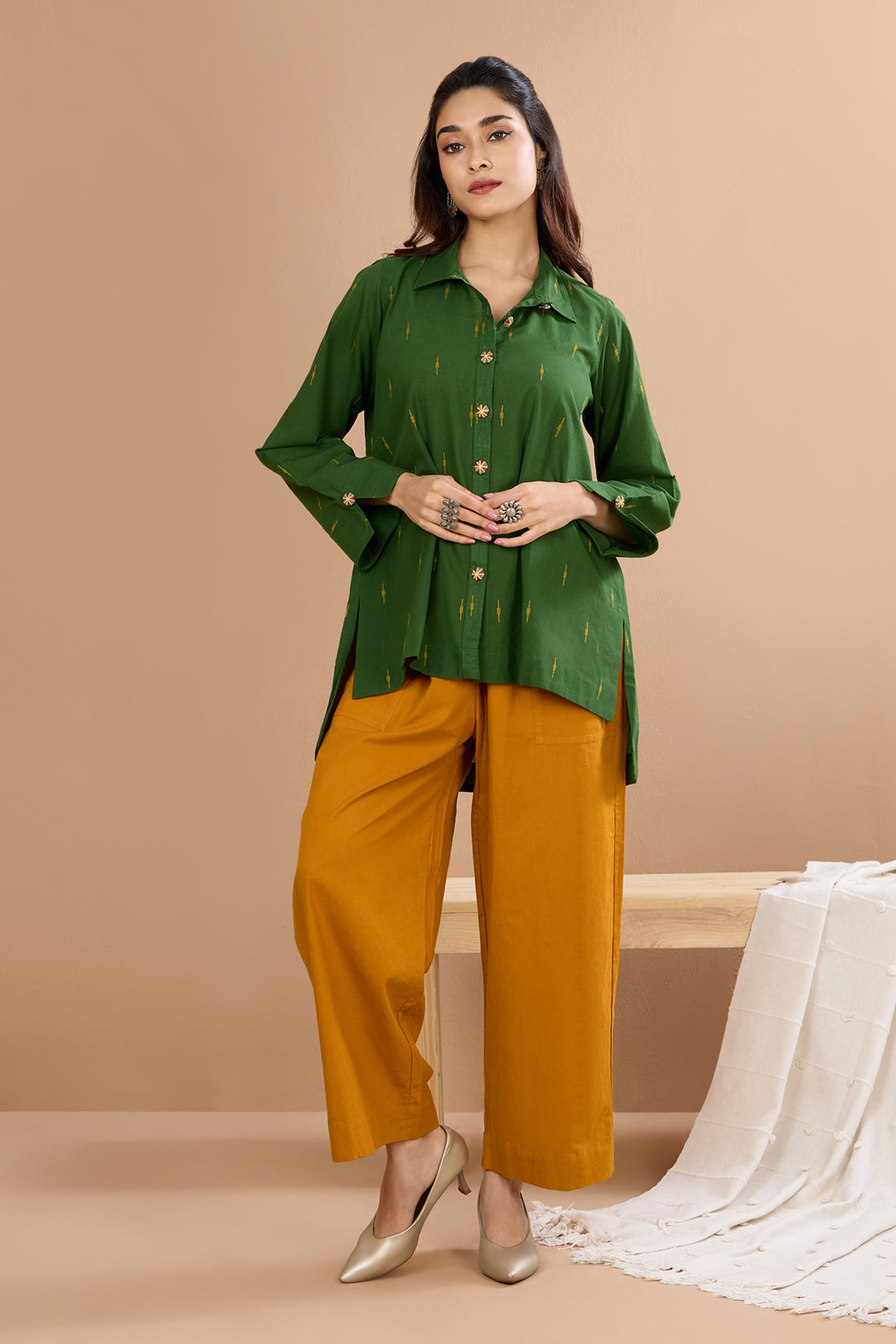 Forest Gold  Front High Low Hem Cotton Shirt (only shirt)