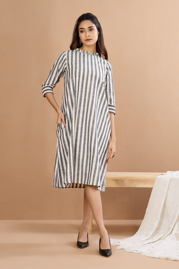 Graphite Stripes Smocked Sleeve Shift Dress