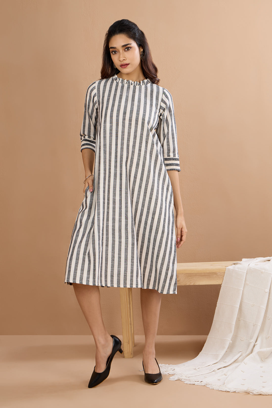 Graphite Stripes Smocked Sleeve Shift Dress