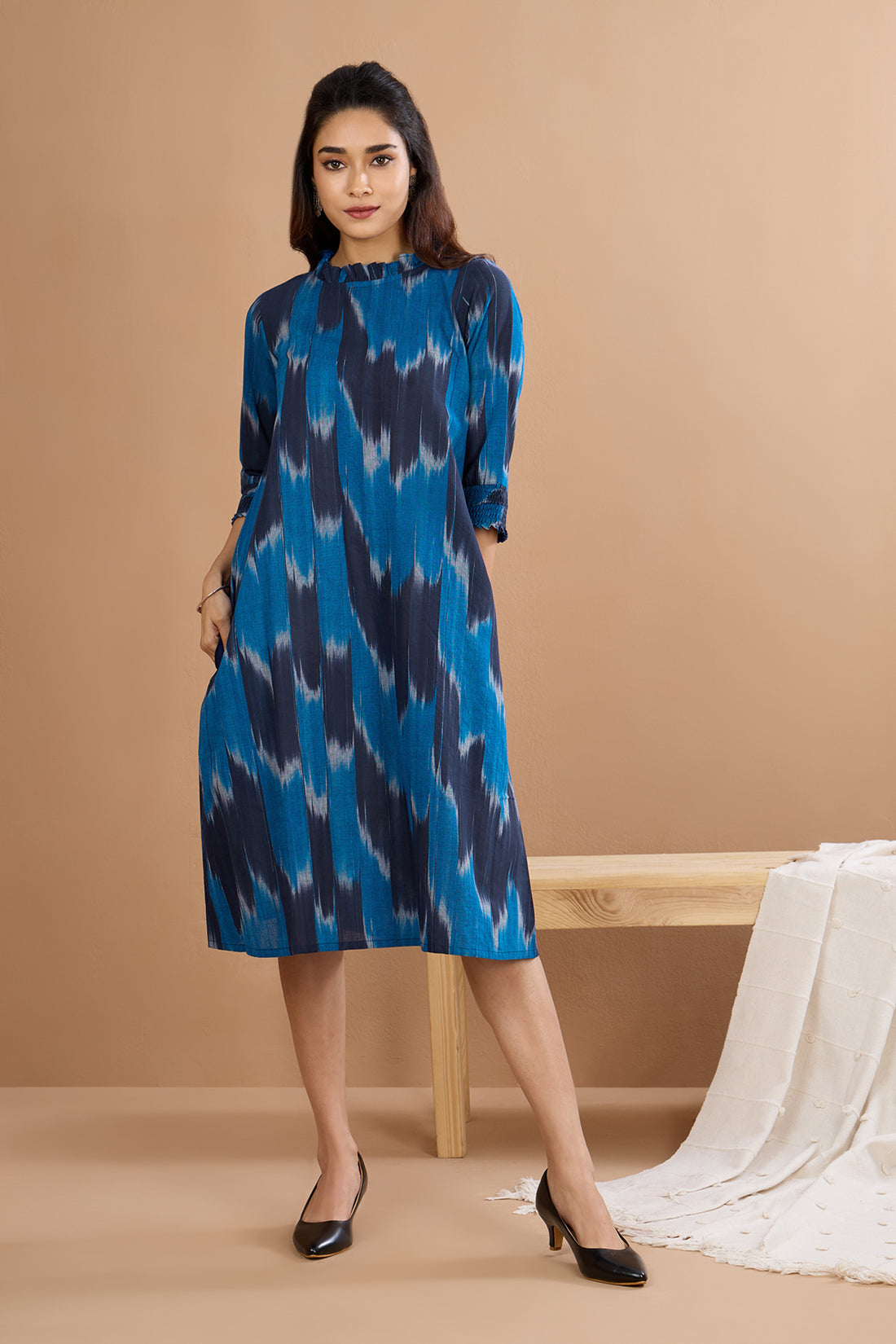 Deep Azure Reverie Smocked Sleeve Shift Dress