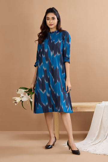 Deep Azure Reverie Smocked Sleeve Shift Dress