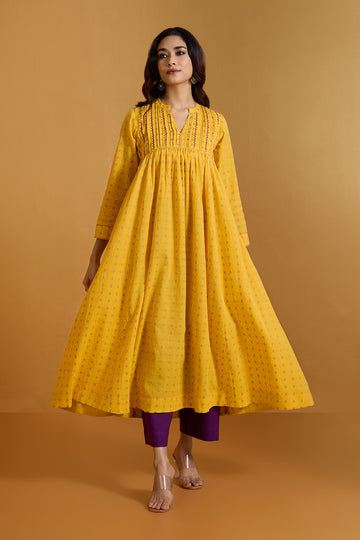 Lustrous Yellow Dots Pintuck Yoke Anarkali