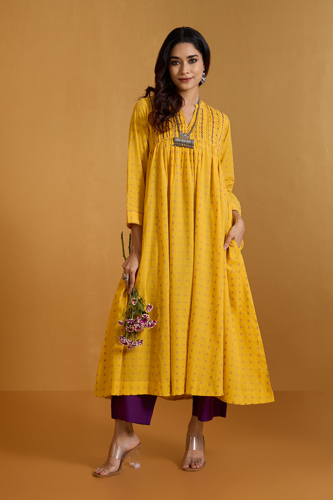 Lustrous Yellow Dots Pintuck Yoke Anarkali