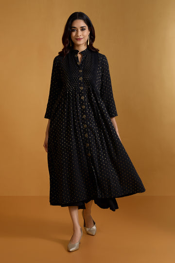 Gilded Nightfall Pleated Pintuck Button Down Dress