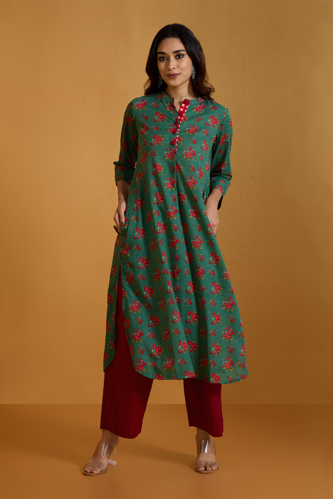 Emerald Petal Mul Stand Collar Kurta