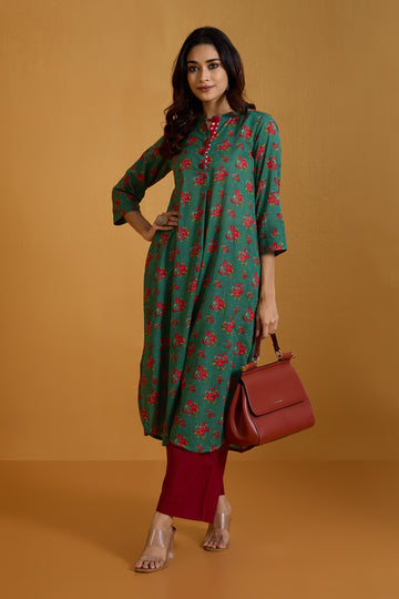 Emerald Petal Mul Stand Collar Kurta