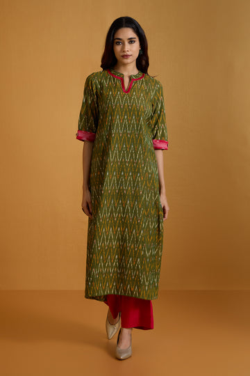 Moss Green Chevron Long Panel Kurta