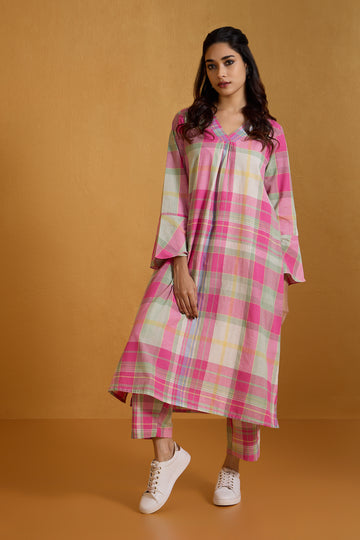 Co-ord Set Fuchsia Plaid Dream Modern Long Tunic Kurta & Pants