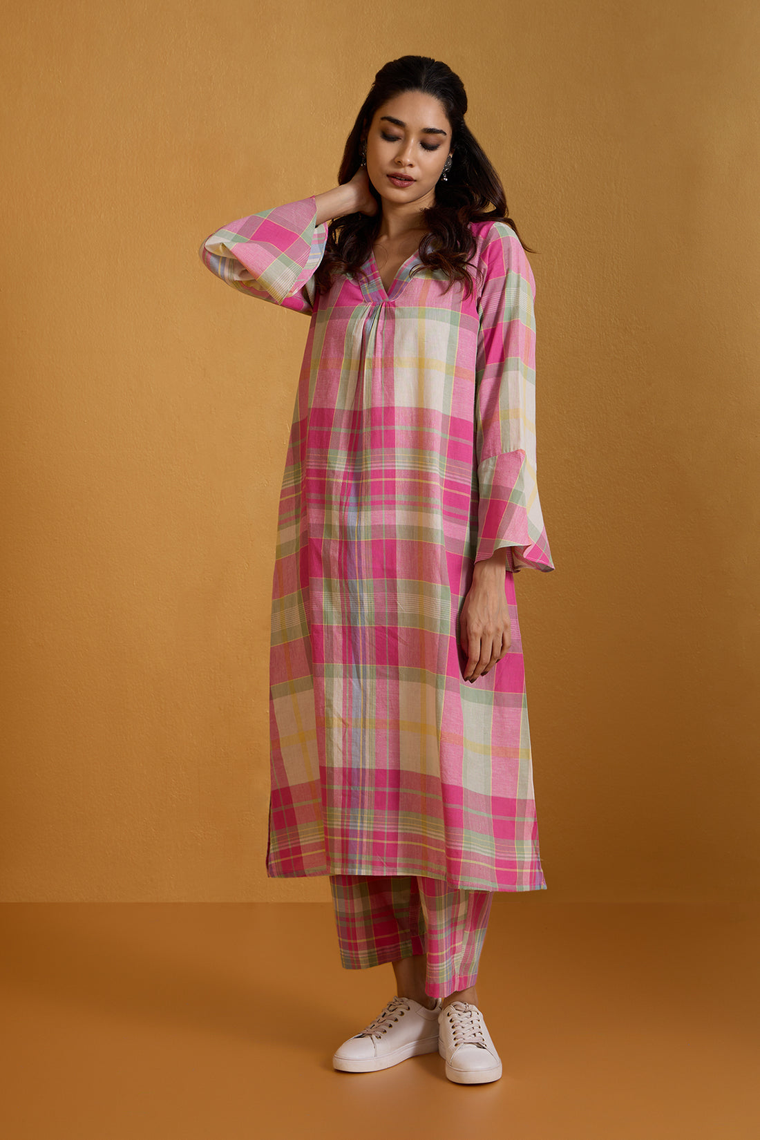 Co-ord Set Fuchsia Plaid Dream Modern Long Tunic Kurta & Pants