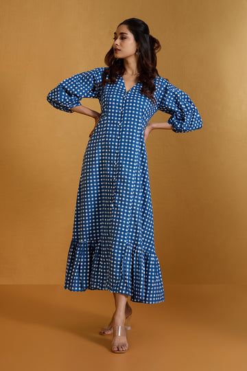 Checkered Indigo Midi Dress with Ruffle Border