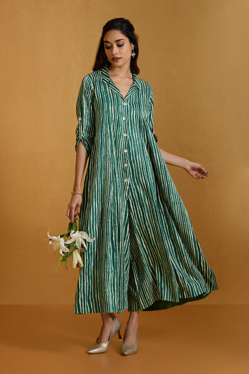 Verdant Stripe Symphony Jumpsuit with Pockets & Collar