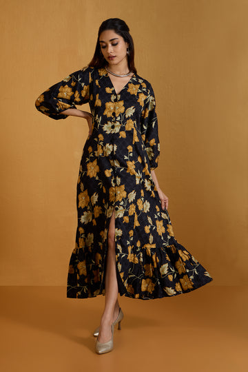 Noir Sunshine Midi Dress with Ruffle Border