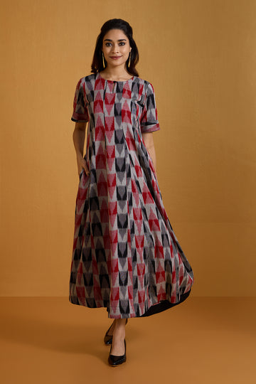 Charcoal Ruby Checks Long Maxi Dress with Sleeves