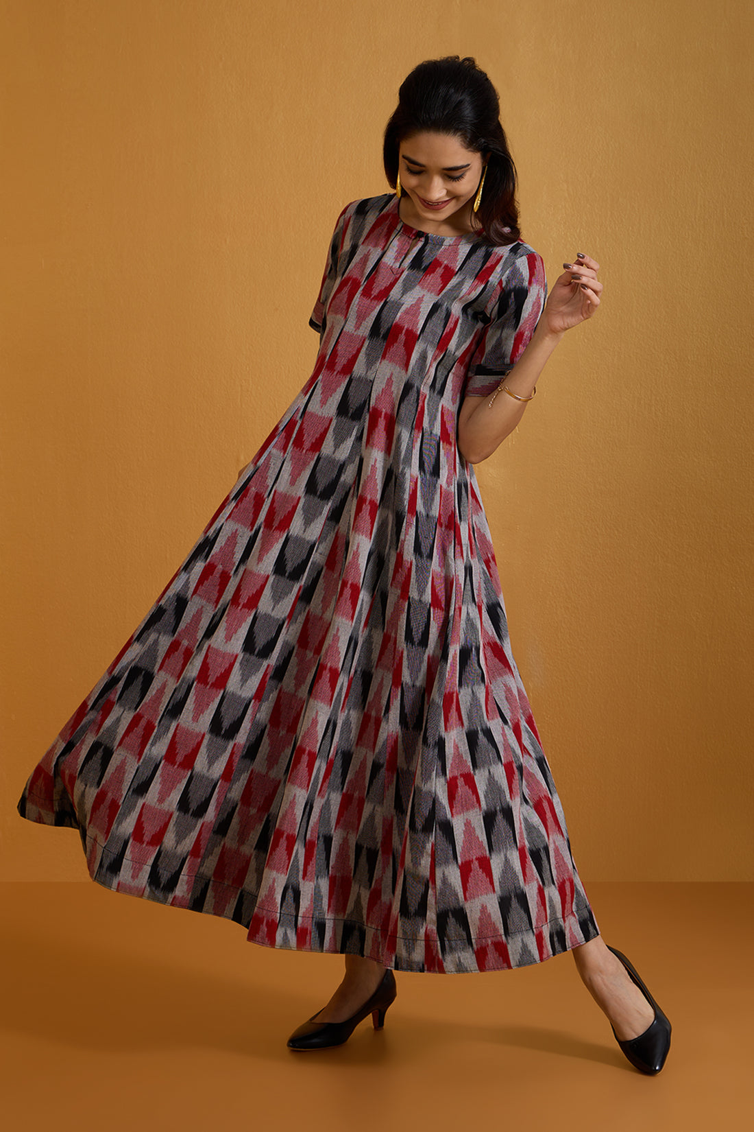 Charcoal Ruby Checks Long Maxi Dress with Sleeves