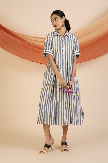 Serene Silver Stripes Box Pleat Shirt Dress