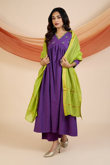 Co-ord Set Vivid Violet & Lime V-Neck Gather Anarkali (Set of 2)