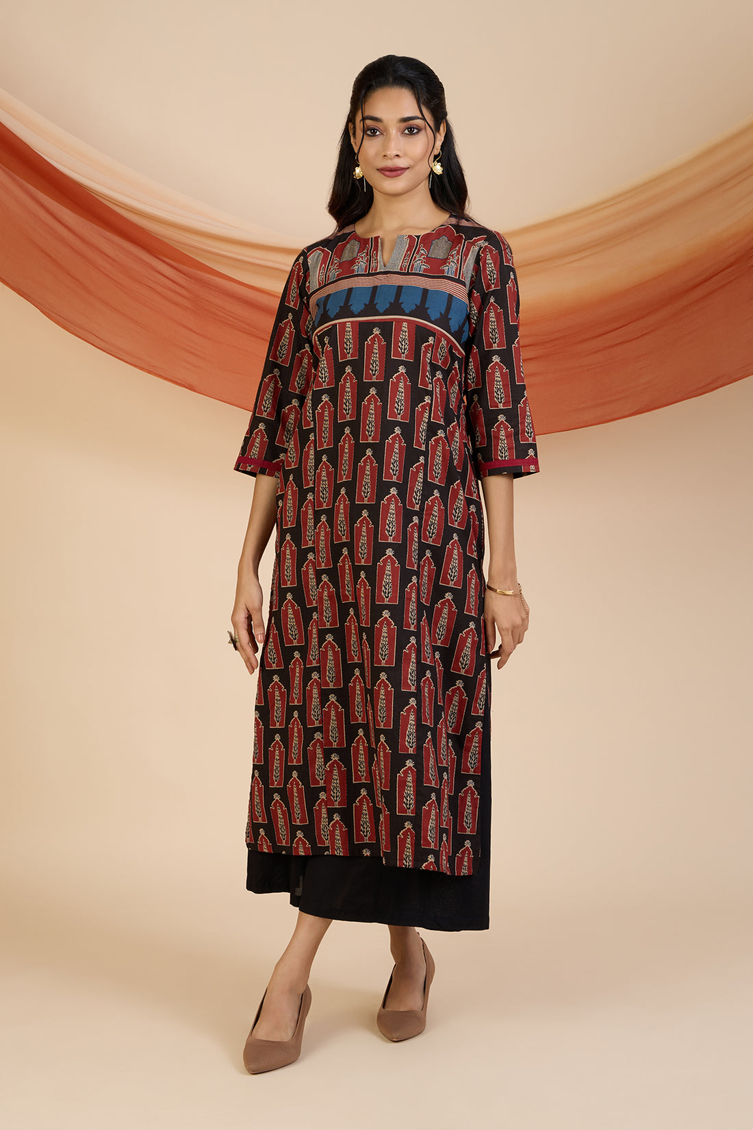 Madder Cypress Patchwork Long Kurta with Slit