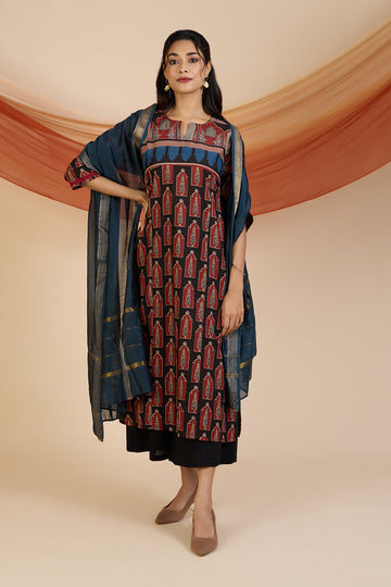 Madder Cypress Patchwork Long Kurta with Slit