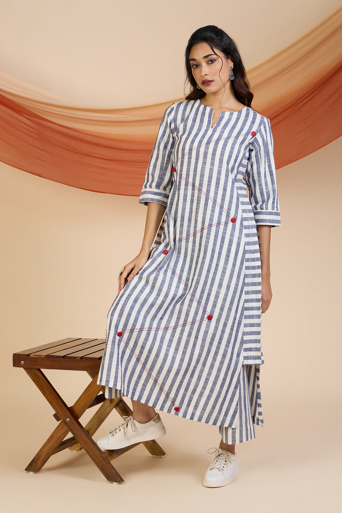 Co-ord Set Nautical Stripes & Rouge Long Kurta with Side Twist