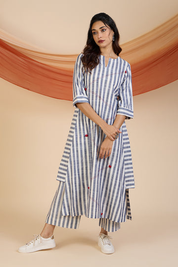 Co-ord Set Nautical Stripes & Rouge Long Kurta with Side Twist