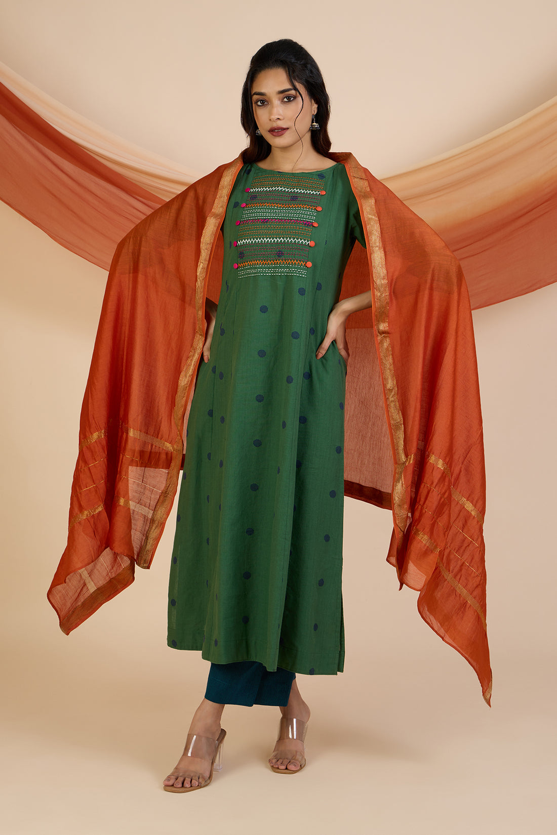 Jade Dots Pintuck Yoke Kurta with Pockets