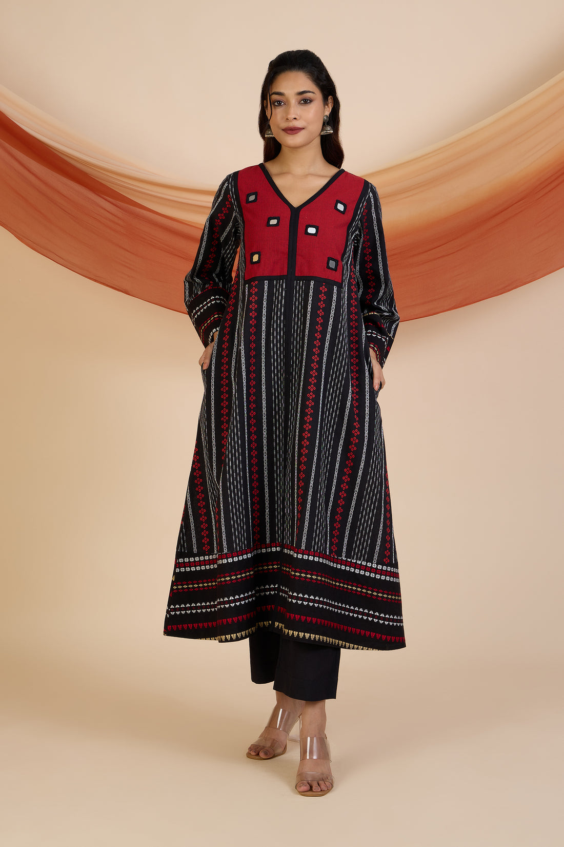 Crimson Reflections Boho Dress with Yoke & Funnel Sleeves