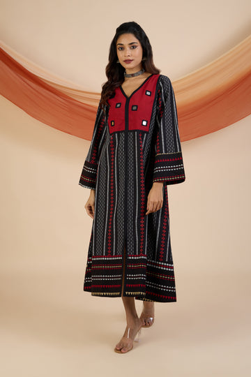 Crimson Reflections Boho Dress with Yoke & Funnel Sleeves