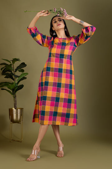 Prismatic Checks Peasant Sleeve Dress