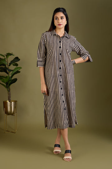 Earthy Noir Streak Long Shirt Dress