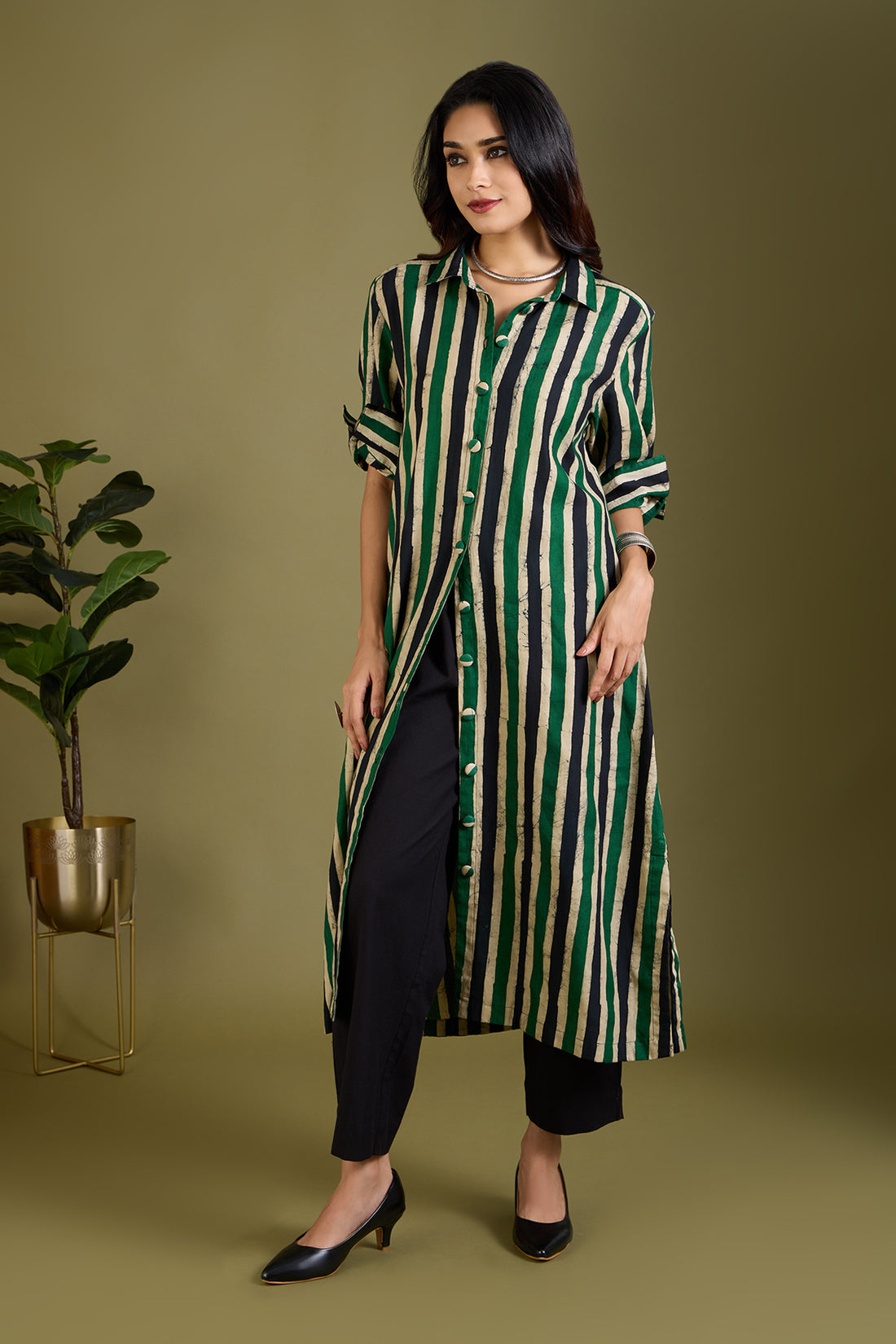 Sage Breeze Lines Long Shirt Dress