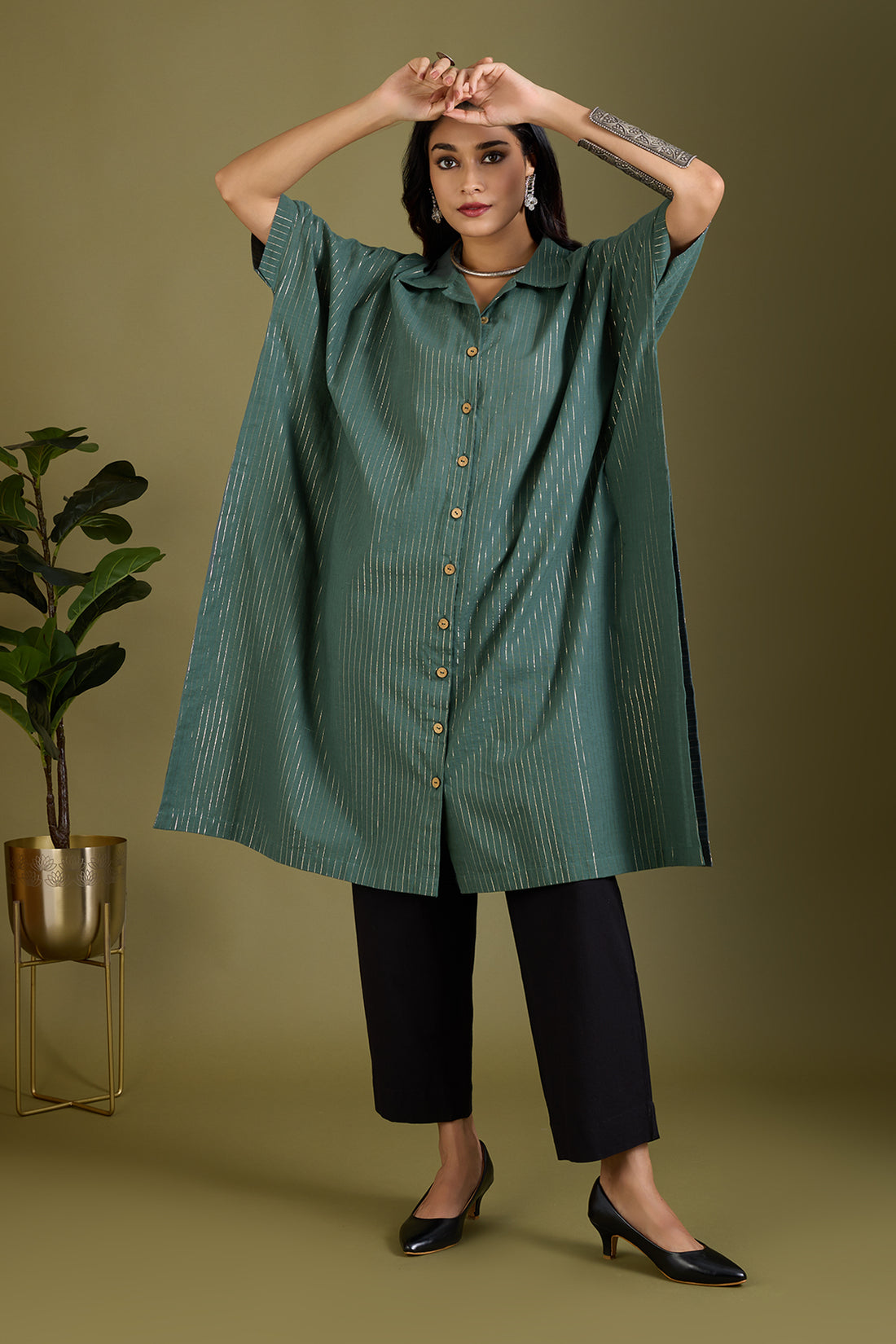 Emerald Gold Threads Button Down Kaftan Tunic