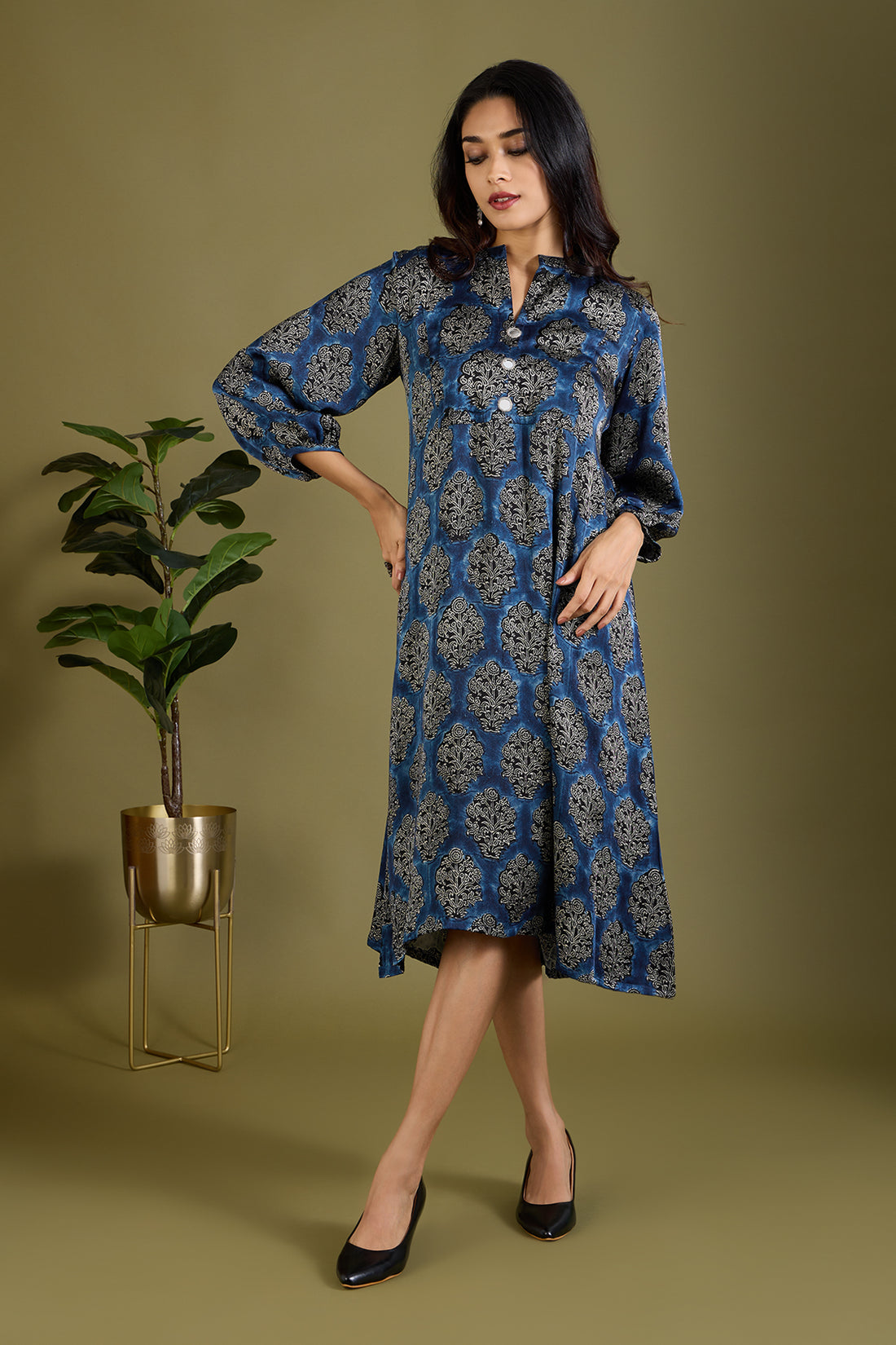 Luxe Copper Dawn & Indigo Modal Silk Patch Pocket Dress