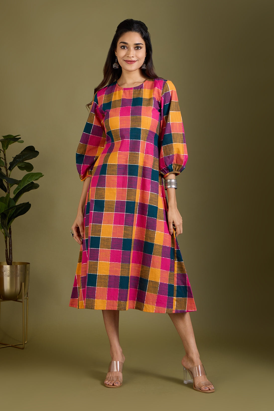 Prismatic Checks Peasant Sleeve Dress