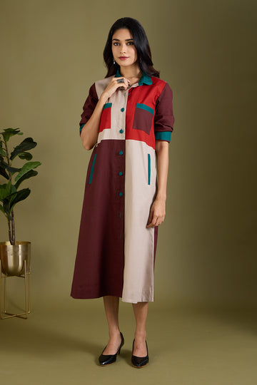 Woodland Whispers Colour Block Button Down Dress